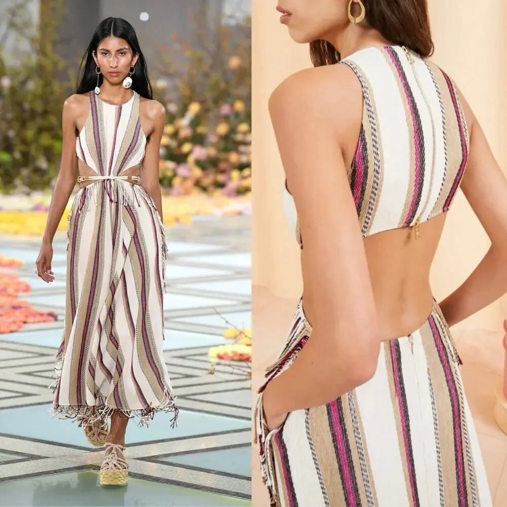 Ulla Johnson Caterina Maxi Dress Cream Linen Striped Cut Out Fringe Boho Size 6 - Picture 16 of 16